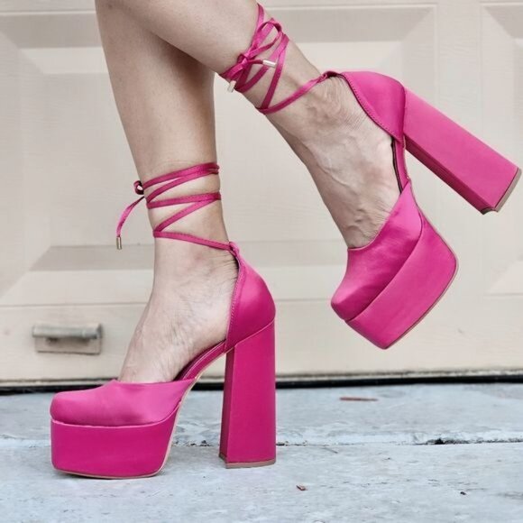Womens Satin Platform Chunky Lace Up Heels Pink Color - Picture 3 of 6